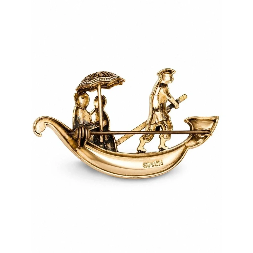 Vintage Spanish Damascene Brooch Gold Tone Gondola Boat Spain Pin Jewelry